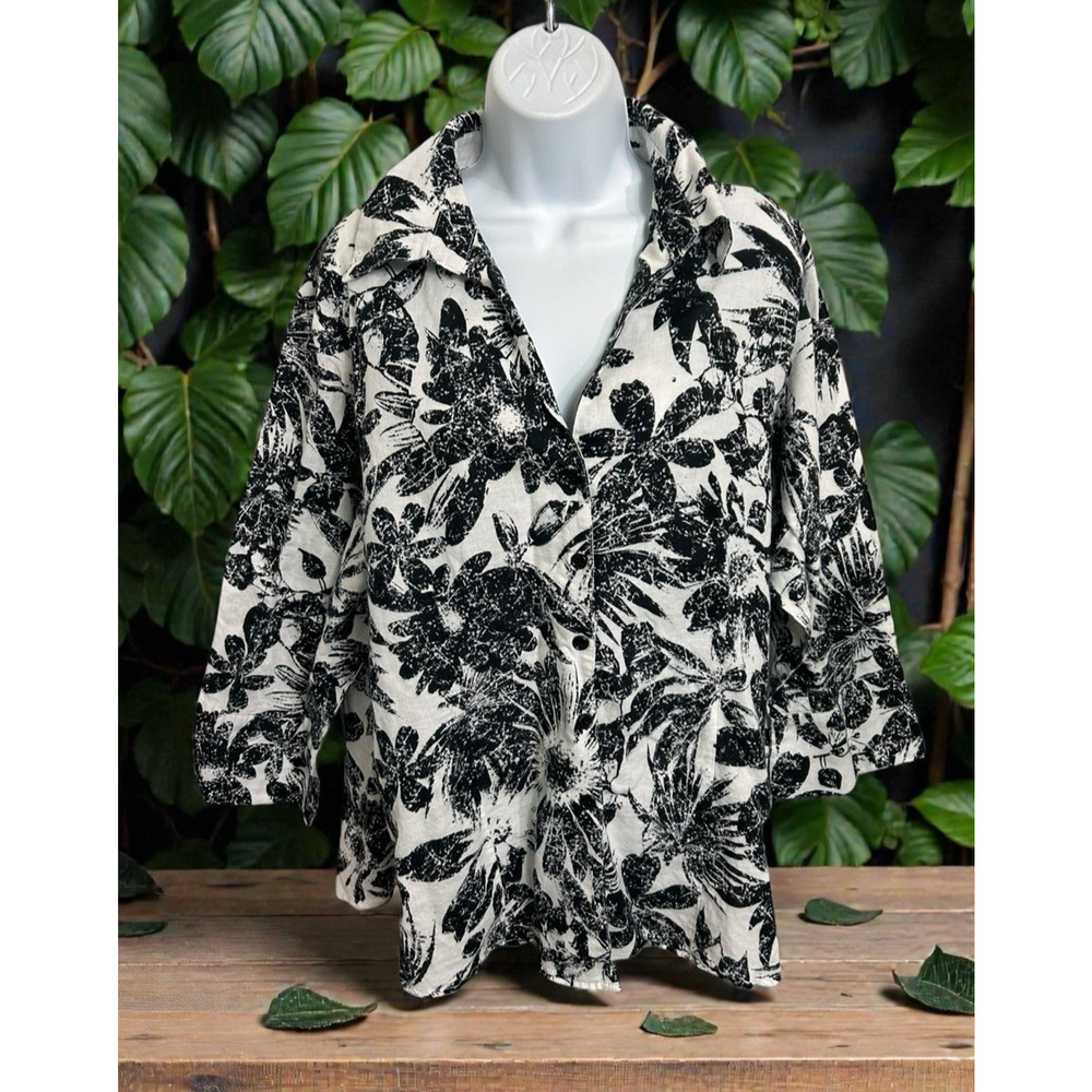 Women's Harve Benard Button Front Blouse Sz 1X Black White Linen Blend Top